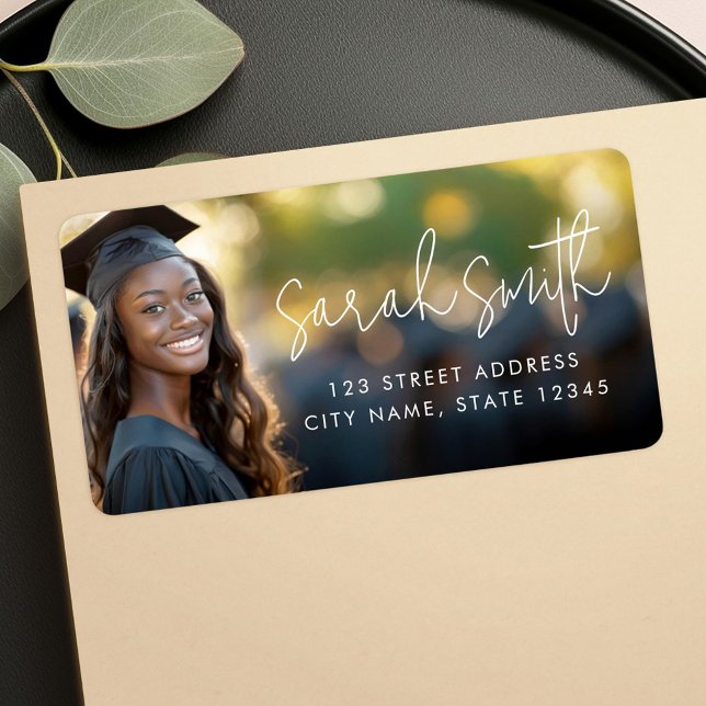 Modern student-fotoreturadress adressetikett (Modern script graduate photo return address label)