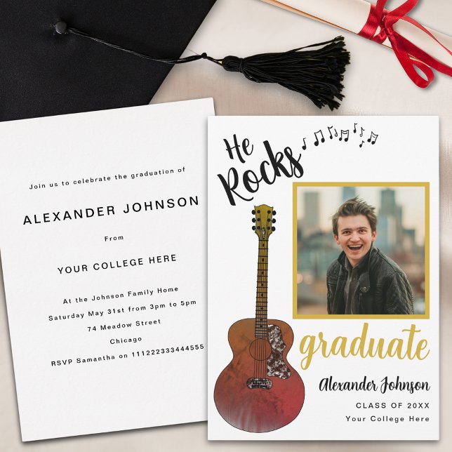 Modern Student Photo Coola Music Studentfest Inbjudningar (Modern graduate photo country music rustic guitar Graduation party invitation)