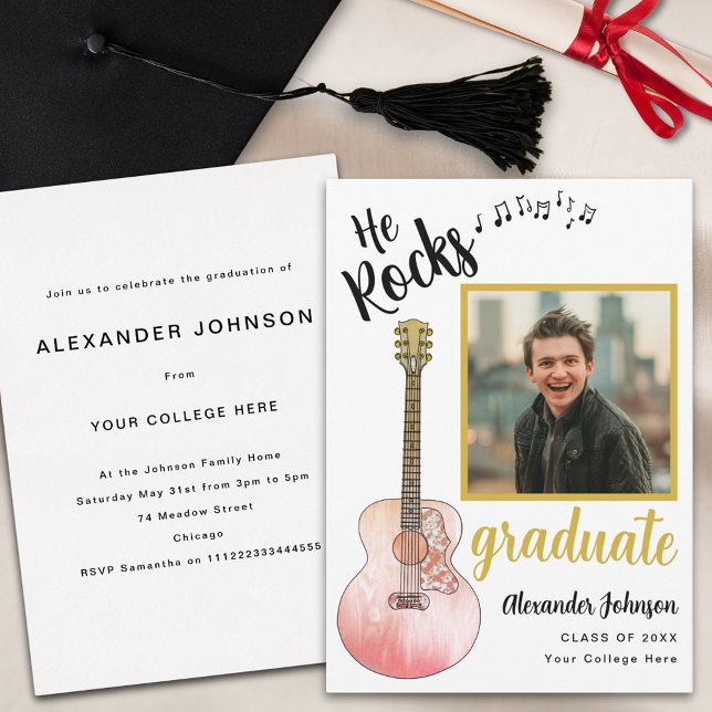 Modern Student Photo he Sten Studentfest Inbjudningar (Cool he rocks rustic guitar country music graduation party invitation with graduate photo template )