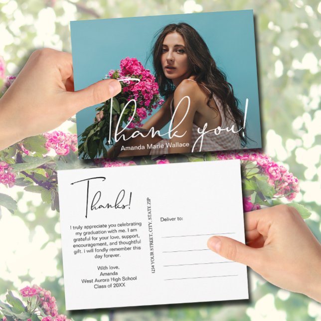 Modern Student Photo Studenten Tack Vykort (Modern script Thank You on photo graduation postcards)