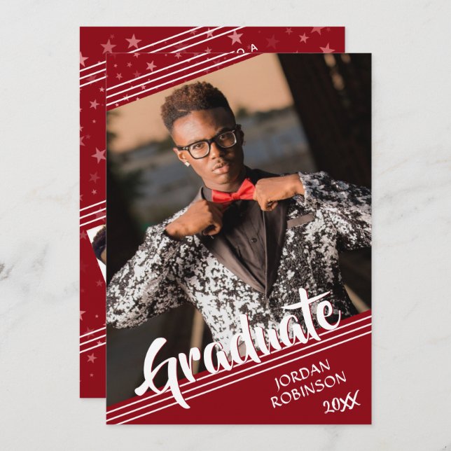 Modern Student Red 4-Photo Push-skript Inbjudningar (Fram/baksida)