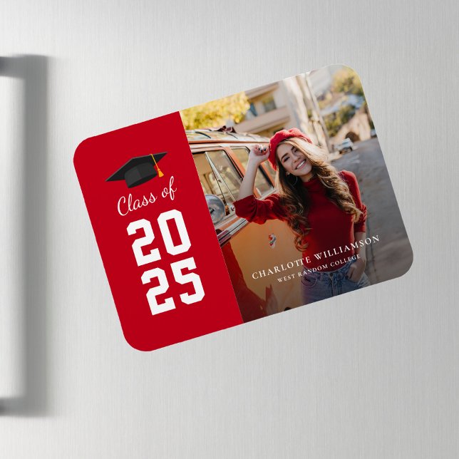 Modern Studenten 2025 Red White Grad Photo Magnet (Graduation 2025 Photo Party Red White Announcement Magnet)