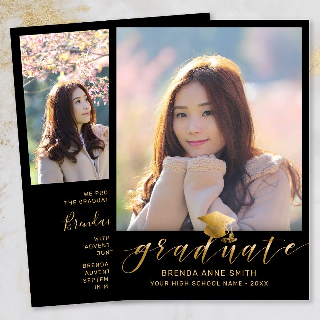 Modern Studenten 2-foto-Guld-skriptsockel på svart Meddelande (Modern Two Photo Gold Script on Black Graduation Announcement)