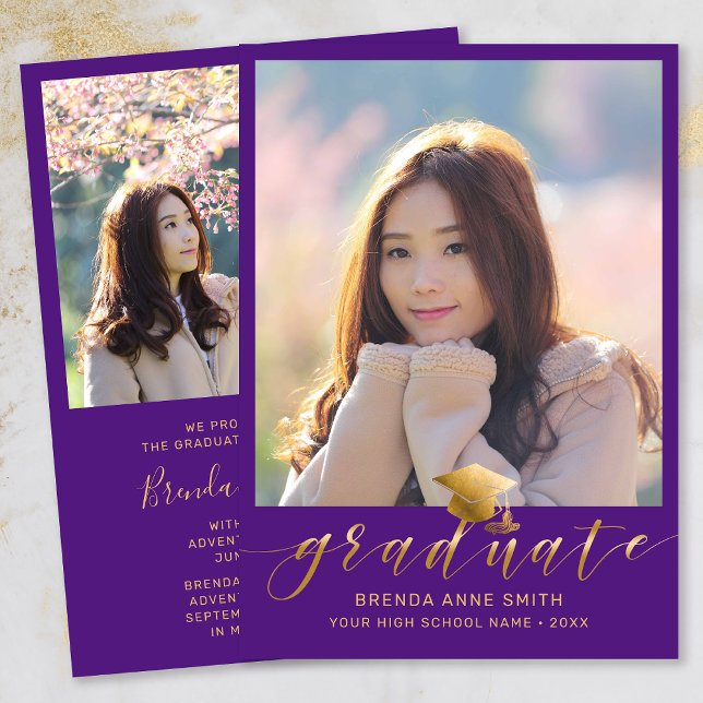 Modern Studenten 2 Photo Guld Script Cap Lila Meddelande (Modern Two Photo Gold Script on Purple Graduation Announcement)