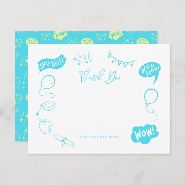 Modern Studenten Doodle Blue Lime Tack Anteckningskort (Fram/baksida)