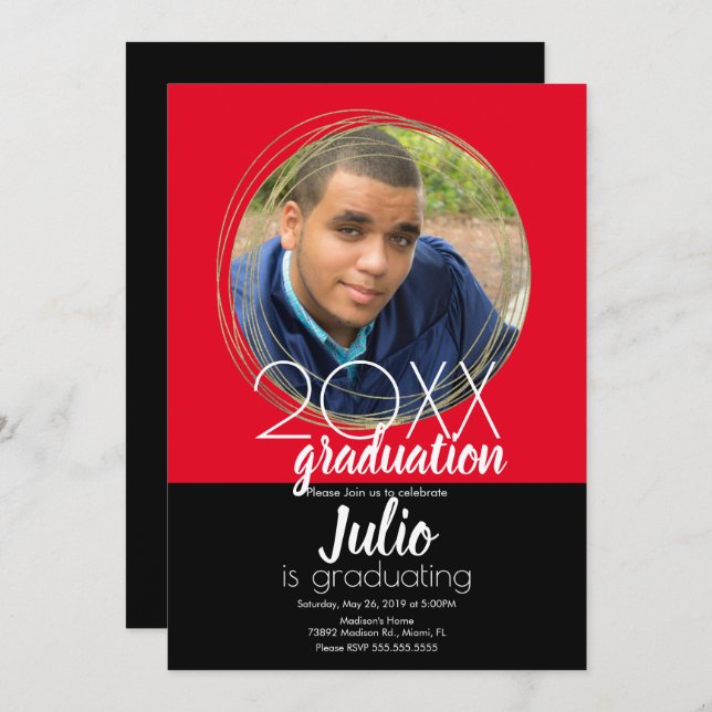 Modern Studenten Firande 2-tonfoto röd Inbjudningar (Fram/baksida)