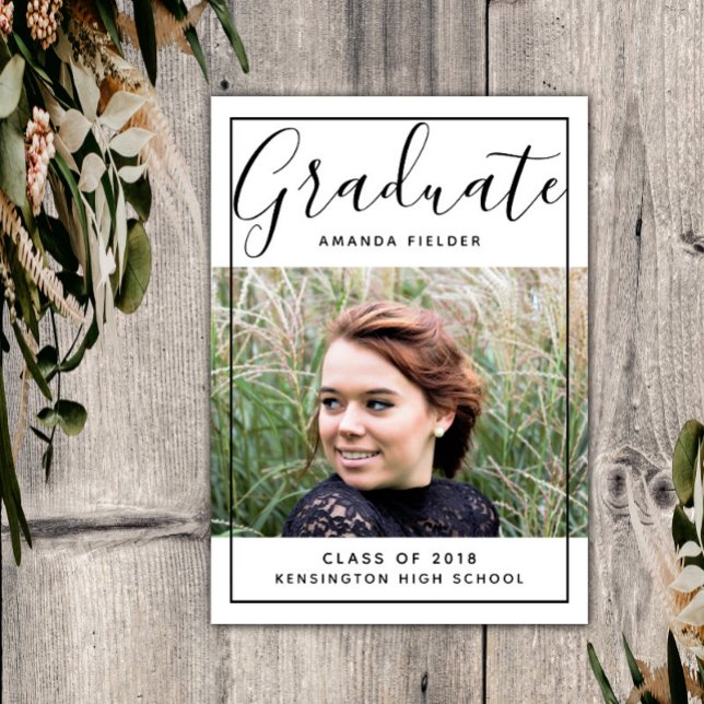 Modern Studenten-foto med rambild | Svart Inbjudningar (Black Modern Framed Graduation Photo Announcement)