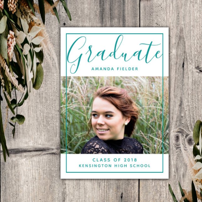 Modern Studenten-foto med rambild | Teal Inbjudningar (Teal Modern Framed Graduation Photo Announcement)