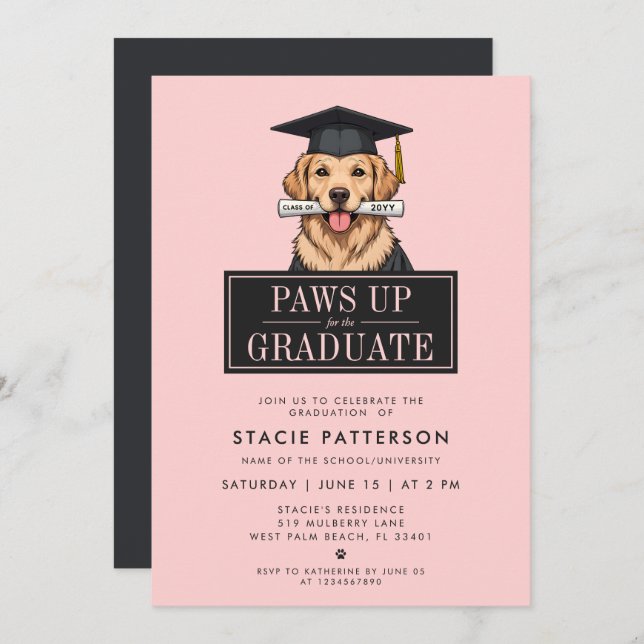 Modern Studenten Golden Retriever med Grad Hat Inbjudningar (Fram/baksida)