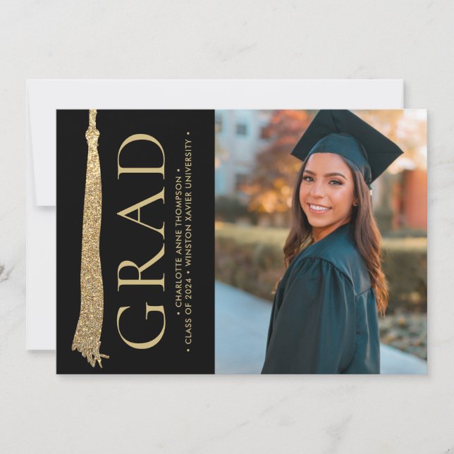 Modern Studenten Photo Guld Black Grad Tassel Inbjudningar (Framsida)