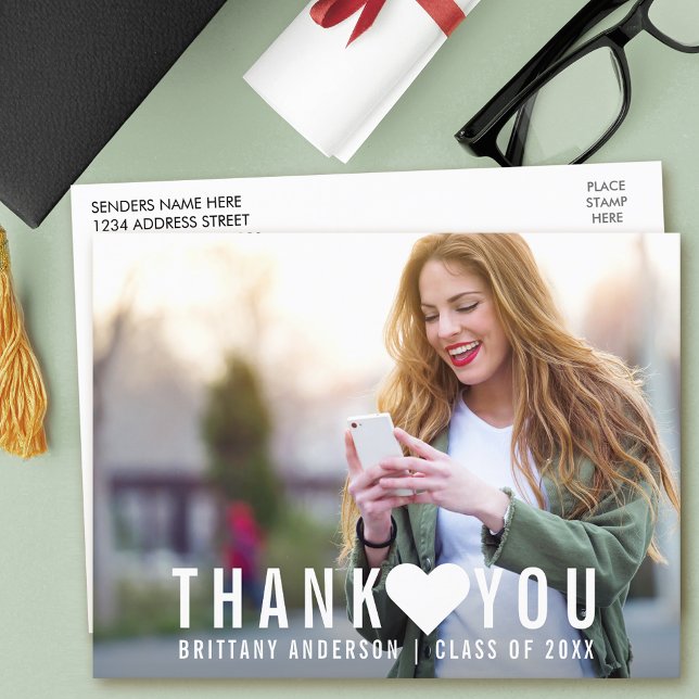 Modern Studenten Tack Heart Vykort (Customize to change text size or text style.)