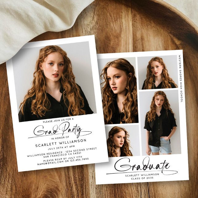 Modern Studentfest 4 Photo Collage Script Inbjudningar (Skapare uppladdad)