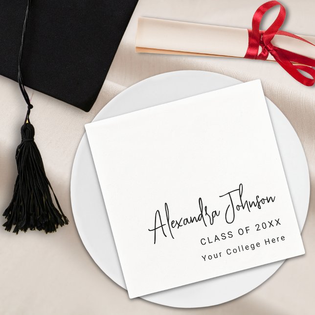 Modern Studentfest för enkel skript Pappersservett (Modern trendy script graduation party napkin Minimalist simple stylish chic black and white)