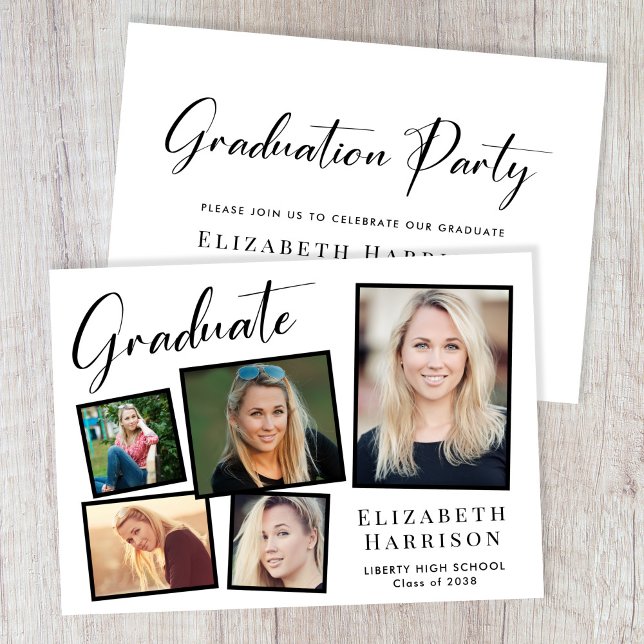 Modern Studentfest för fotokollage Inbjudningar (A modern photo collage graduation party invitation to celebrate the graduate's achievements)