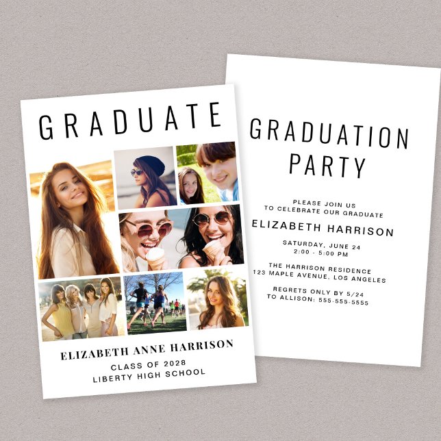 Modern Studentfest för fotokollage Inbjudningar (A modern photo collage graduation party invitation to celebrate the graduate's achievements)