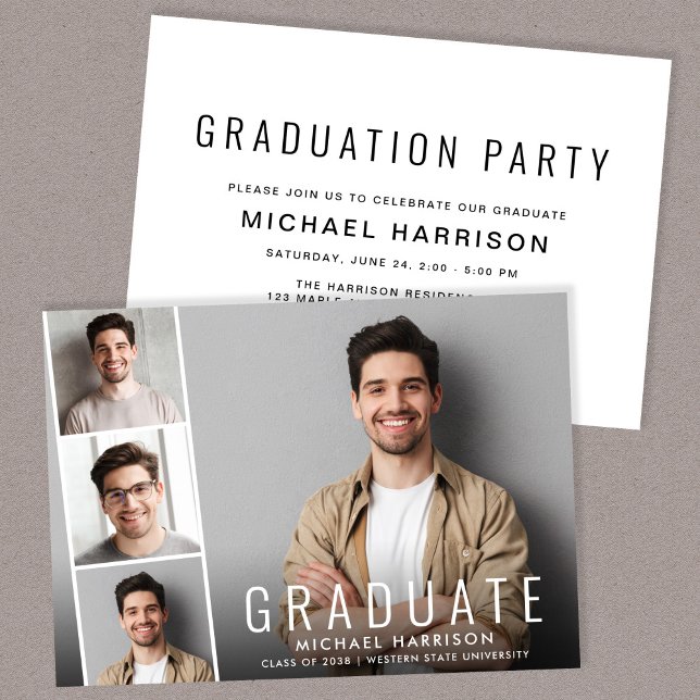 Modern Studentfest för fotokollage Inbjudningar (A personalized photo graduation party invitation to celebrate the graduate's achievements)