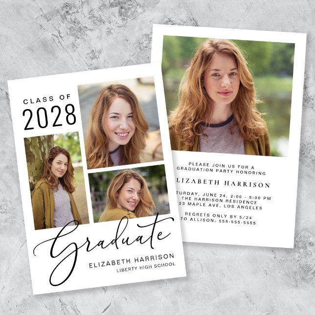 Modern Studentfest för fotokollage Inbjudningar (An elegant photo collage graduation party invitation to celebrate the graduate's achievements)