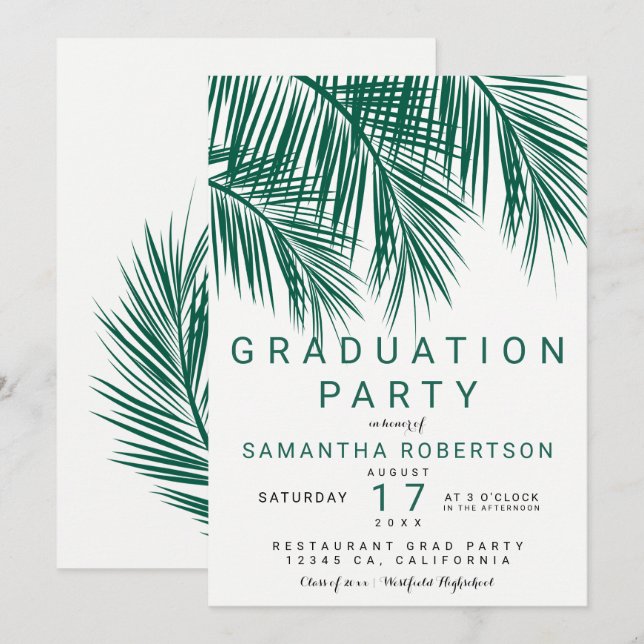 Modern studentfest för grönskapalmträdelegant inbjudningar (Fram/baksida)