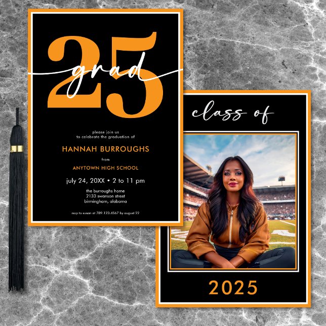 Modern Studentfest för minimal Orange Inbjudningar (Modern Minimal Orange Script Graduation Party Invitation)