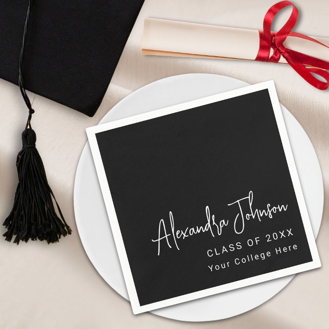 Modern Studentfest för Trendig-skript Pappersservett (Black and white Modern trendy script graduation party napkin )