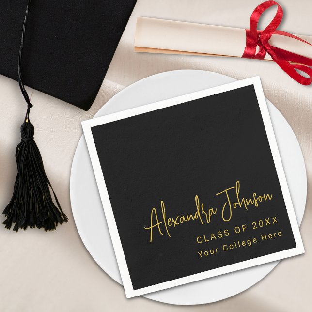 Modern Studentfest för Trendig-skript Pappersservett (Modern trendy script graduation party custom paper plate black and gold elegant minimalist chic)