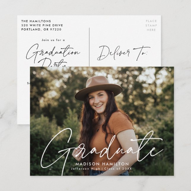 Modern Studentfest för vitskript - foto Inbjudan Vykort (Fram/baksida)