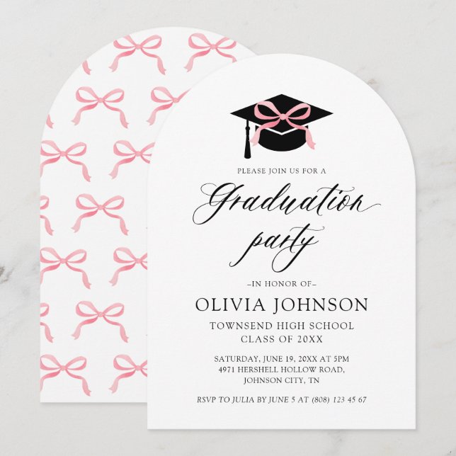 Modern Studentmössa Rosa Bow Studenten Arched Inbjudningar (Fram/baksida)