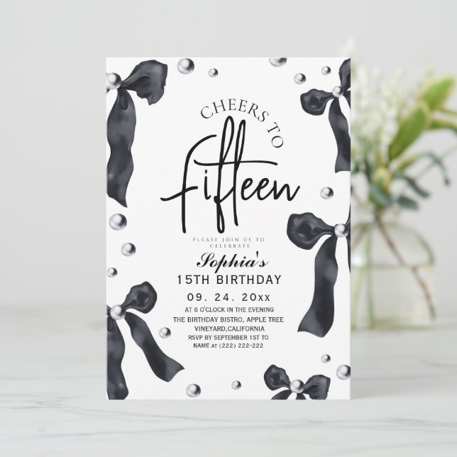 Modern & Stylish Black Bow Birthday Party Inbjudningar (Stående Fram)
