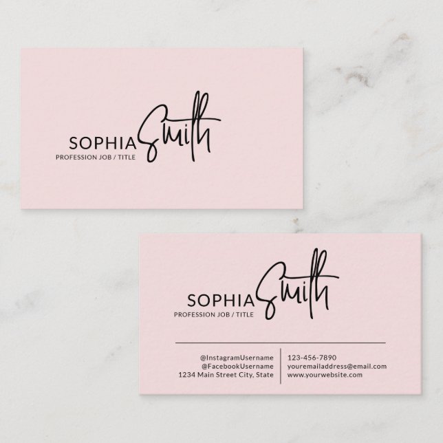 Modern Stylish Blush Pink Handwritten Script Visitkort (Fram/baksida)