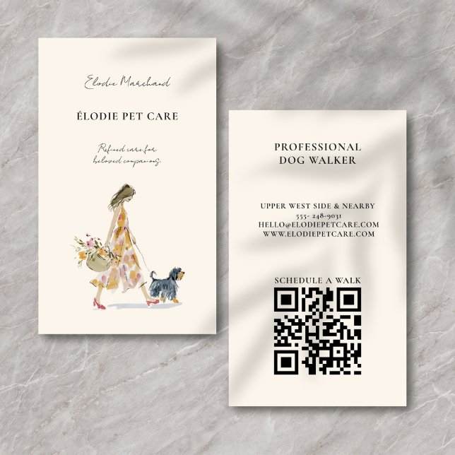 Modern Stylish Dog Walker Pet Sitter QR code Visitkort (Elegant, feminine design with modern charm. QR code for easy scheduling & contact.)