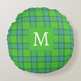 Modern stylish green &blue Plaid monogram Rund Kudde