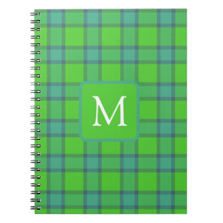Modern stylish green &blue Plaid tartan monogram Anteckningsbok