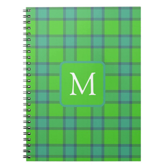 Modern stylish green &blue Plaid tartan monogram Anteckningsbok (Framsidan)