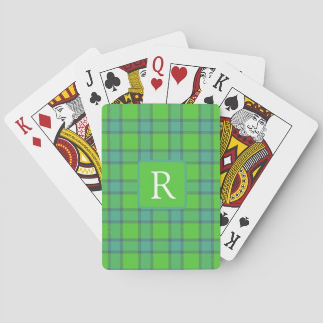 Modern stylish green &blue Plaid tartan monogram Casinokort (Baksidan)