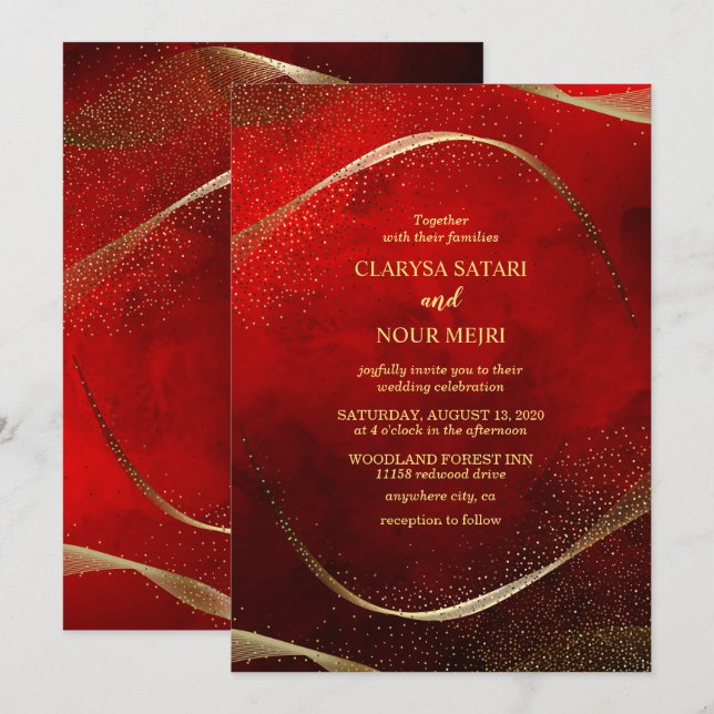 Modern, Stylish Guld och röd Inbjudan (Fram/baksida)
