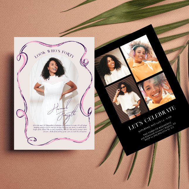 Modern Stylish Ribbon Frame Photo Birthday Inbjudningar (Skapare uppladdad)