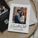 Modern stylish script two photo spara datumet<br><div class="desc">This stylish save the date features a retro inspired script "save the date" under a single photo on a beige background along with simple custom text. The back of this modern save the date has a coordinating black stripe along with a horizontal photo, room for a custom message and a...</div>