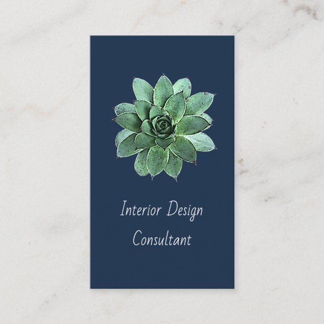 Modern Succulent Botanical Navy Blue QR code  Visitkort (Framsida)