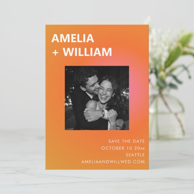 Modern Summer Orange Pink Wedding Photo Spara Datumet (Stående Fram)