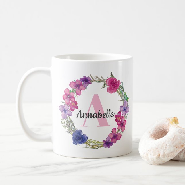 Modern Summer Rosa Lila Blue Blommigt Monogram Kaffemugg (Med munk)