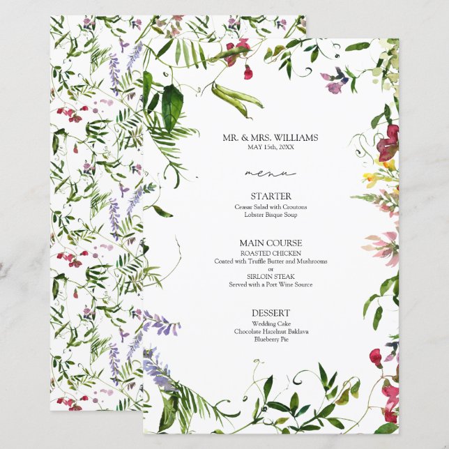 Modern Summer Wildblomcalligraphy Bröllop Menu (Fram/baksida)