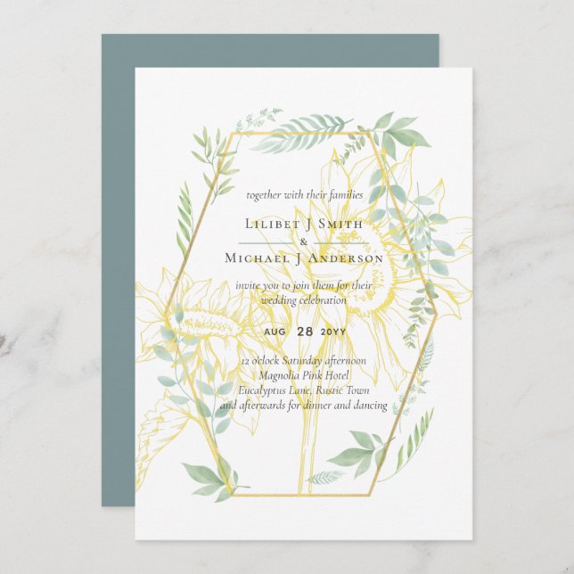 Modern Sunblommor Greenery Sage Guld Bröllop (Fram/baksida)