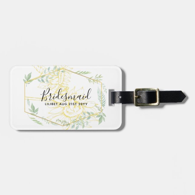 Modern Sunblommor Greenery Sage Guld Bröllop Bagagebricka (Horisontell Framsida)