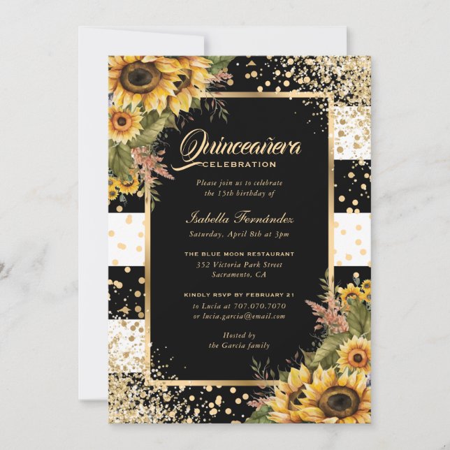 Modern Sunflower Gold Black White Quinceañera Inbjudningar (Framsida)