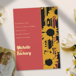 Modern Sunflower Sunset Coral Gold Wedding Spara Datumet