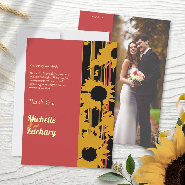 Modern Sunflower Sunset Coral Gold Wedding Tack Kort (Skapare uppladdad)