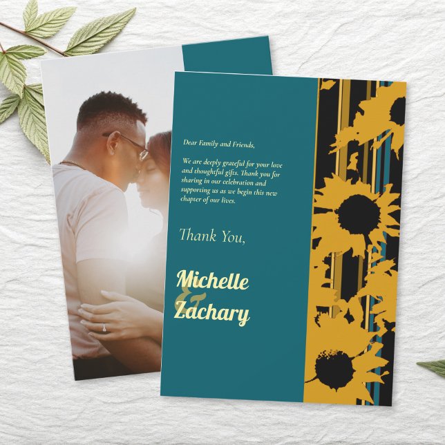 Modern Sunflower Teal Blue Gold Wedding Tack Kort (Skapare uppladdad)