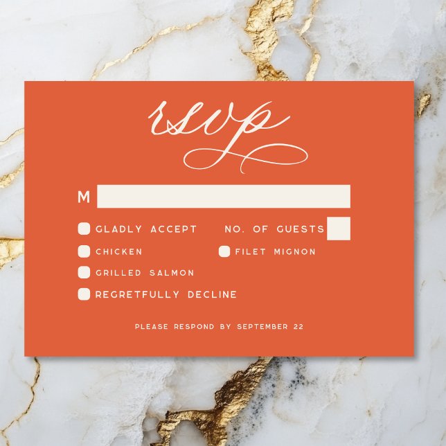 Modern Sunset Orange Script Minimal Bröllop OSA Kort (Modern Sunset Orange Script Minimal Wedding RSVP Card)