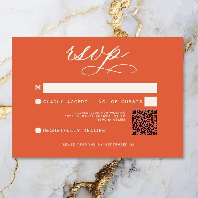 Modern Sunset Orange Script Minimal Bröllop QR OSA Kort (Modern Sunset Orange Script Minimal QR Code RSVP Card)