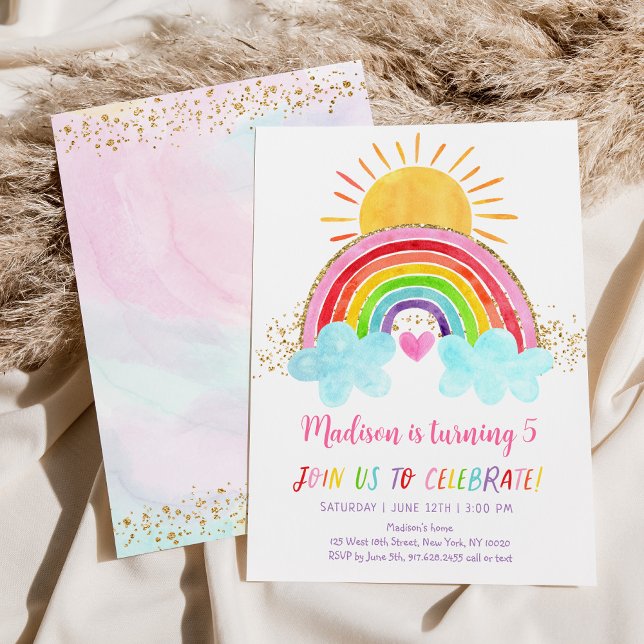 Modern Sunshine Rainbow Rosa Guld Birthday Inbjudningar (Skapare uppladdad)